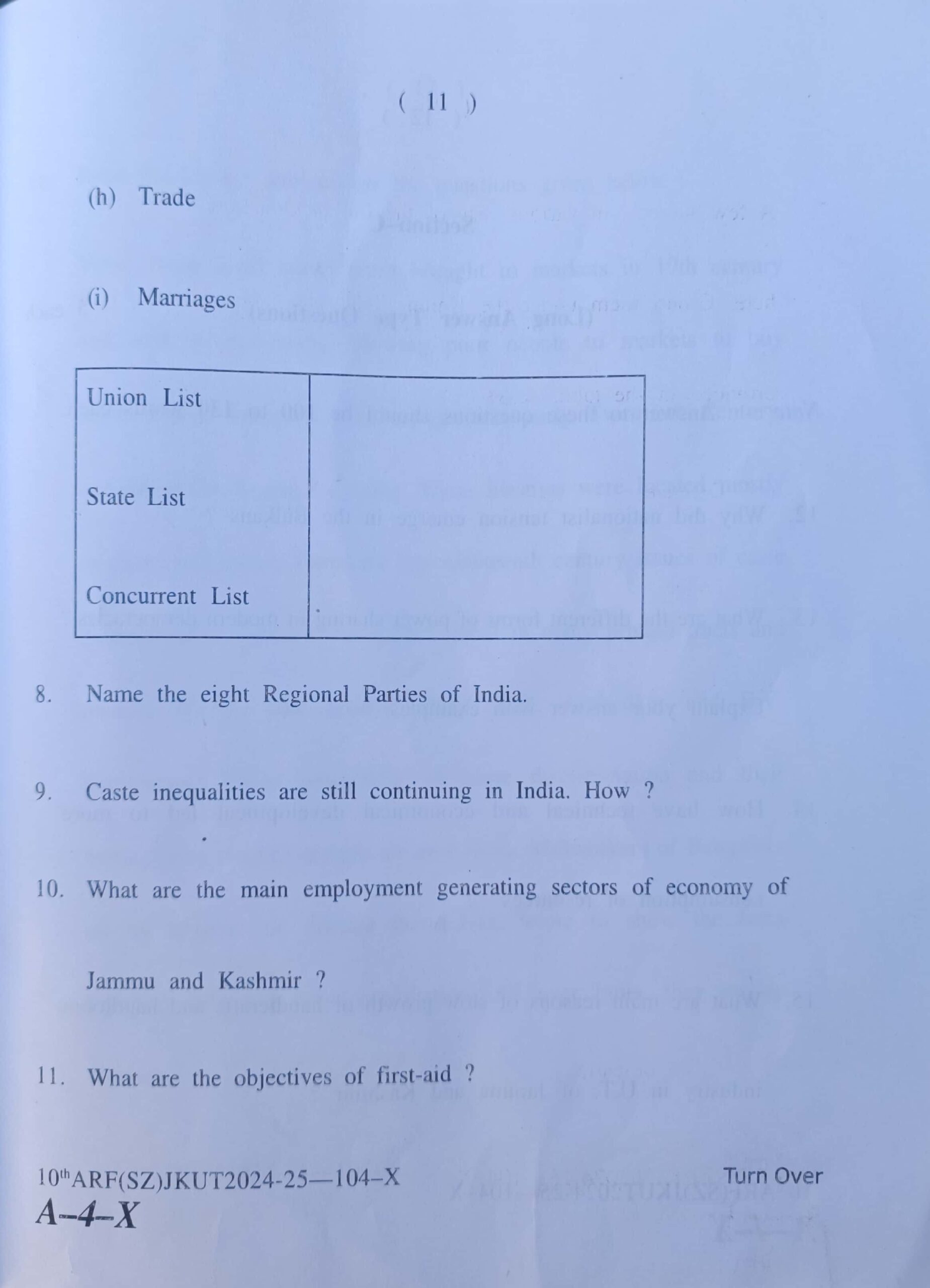 JKBOSE 10th Social Science Question Paper