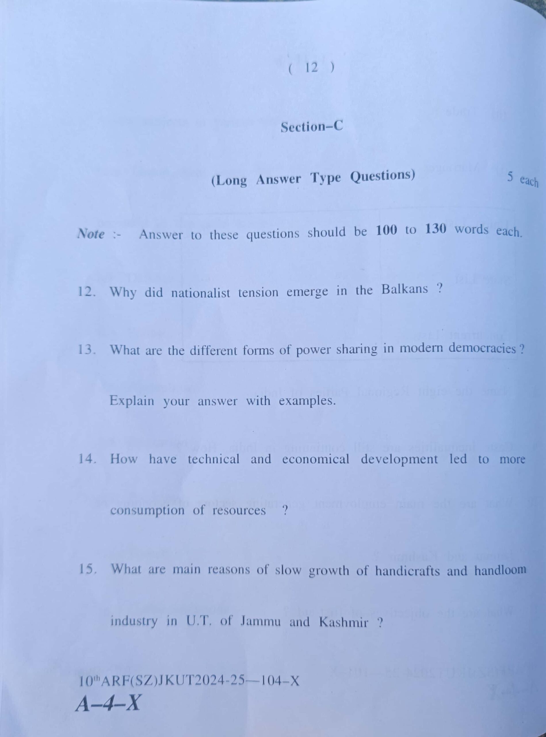 JKBOSE 10th Social Science Question Paper